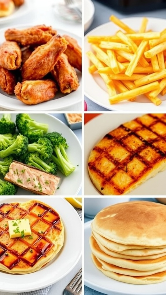 A variety of air fryer dishes: chicken wings, french fries, broccoli, salmon, and pancakes on a wooden table.